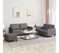 WHOPBXGAD 3 Piece Sofa Set Grey Synthetic Leather with Cushions, Modern Living Room Furniture for Small Spaces, Comfortable 2 Seater Couch and Ottoman, Durable Faux Leather Upholstery