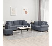 WHOPBXGAD 3 Piece Velvet Sofa Set with Ottoman and Cushions, Dark Grey Sectional Living Room Furniture for Small Spaces, Soft Fabric, Sturdy Structure, Comfortable Seating
