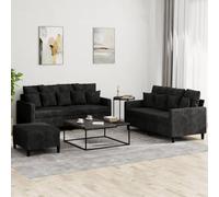 WHOPBXGAD 3 Piece Velvet Sofa Set with Pillows Black, Modern 2 Seater Couch and Ottoman, Soft Fabric Upholstery Living Room Furniture for Small Spaces, Comfortable Lounge Seating