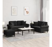 WHOPBXGAD Black Velvet 3 Piece Sofa Set with Cushions and Ottoman, Modern Living Room Furniture for Small Spaces, Soft Fabric Upholstery, Comfortable Seating for Relaxing and Entertaining
