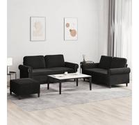 WHOPBXGAD Black Velvet 3 Piece Sofa Set with Cushions and Ottoman, Modern Living Room Furniture for Small Spaces, Comfortable 2 Seater Couches with Soft Fabric and Sturdy Structure