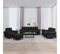 WHOPBXGAD Black Velvet 4 Piece Sofa Set with Cushions, Modern Living Room Furniture, Soft Velvet Upholstery, Sturdy Wood Frame, Includes Loveseat, 3 Seater, Chair and Ottoman for Home Decor