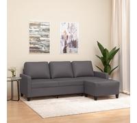 WHOPBXGAD Grey Synthetic Leather 3 Seater Sofa with Ottoman 180cm Wide Modern Living Room Furniture Comfortable Durable Easy Clean Home Decor