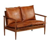 WHOPBXGAD Luxury 2-Seater Sofa Genuine Leather Brown Acacia Wood Handcrafted Retro Living Room Furniture for Relaxing TV Watching Reading