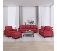 WHOPBXGAD Luxury 4 Piece Synthetic Leather Sofa Set with Cushions, Red Wine Color Living Room Furniture for Modern Home, Comfortable Seating with Ottoman