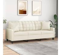 WHOPBXGAD Modern 3 Seater Sofa with Synthetic Leather Cream Cushions 180cm Width, Durable Faux Leather Living Room Furniture for Relaxing and TV Watching