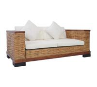 WHOPBXGAD Natural Rattan 2 Seater Sofa with Cream Cushions, Brown Wicker Couch for Living Room Indoor Use, Comfortable Removable Covers, Solid Wood Frame