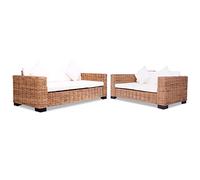 WHOPBXGAD Natural Rattan Sofa Set 15 Piece Outdoor Patio Furniture with Cream White Cushions, 2 Seater and 3 Seater Garden Living Room Set with Removable Covers, Durable Mango Wood Frame