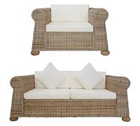 WHOPBXGAD Natural Rattan Sofa Set 2 Piece with Cushions, Outdoor Indoor Patio Garden Living Room Furniture, Washable Removable Covers, Durable Wood Frame Structure