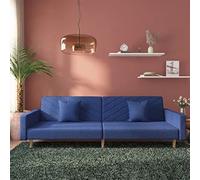 WHOPBXGAD Sofa Bed 2 Seater Convertible Guest Bed with Blue Fabric and 2 Pillows, Wood Frame for Living Room, Small Spaces, Easy Assembly, Comfortable Foam Cushion