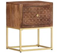WHOPBXGAD Solid Mango Wood Nightstand 40x30x50 cm with Drawer, Hand Carved Vintage Bedside Table for Bedroom, Industrial Style Solid Wood Furniture, Unique Brown & Golden Grain, Easy Assembly