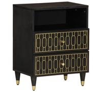 WHOPBXGAD Solid Mango Wood Nightstand with 2 Drawers & Storage Shelf, Hand Carved Floral Design, Retro Bedside Table for Bedroom, 50x33x60 cm, Black Finish, Durable & Stable