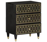 WHOPBXGAD Solid Mango Wood Nightstand with 3 Drawers, Hand Carved Floral Design, Retro Bedside Table for Bedroom, Sturdy Iron Legs, 50x33x60 cm, Black Finish