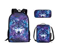 WHOSGNIHT Juego de mochilas con diseño de lobo de galaxia para la escuela, niños, niñas, niños, con fiambrera, estuche para lápices, preescolar, jardín de infantes, primaria, mochila escolar para