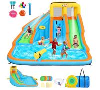 Whubefy Tobogán acuático inflable 6 en 1 para patio trasero, casa de rebote doble con soplador, 5 juguetes, piscina de salpicaduras, pared de escalada, parque acuático inflable al aire libre, castillo
