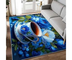 WHUOEUCO Alfombra Salon Flores Azules Taza de café 180x240cm Impresión 3D Moderna Alfombra Suave de Pelo Corto Lavable para Dormitorio, Comedor, Salon
