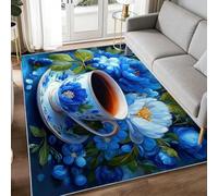 WHUOEUCO Alfombra Salon Grande Pelo Corto Flores Azules Taza de café 140x200cm Alfombra Antideslizante Lavable para Dormitorio, Comedor, Cocina, Oficina