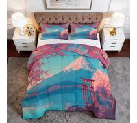 WHUOEUCO Edredón Nórdico Estampado 3D Cama 135 200x200 cm Flores De Cerezo Paisaje del Monte Fuji Edredon Reversible Moderno, Colcha Relleno Nordico 4 Estaciones con 2 Fundas de Almohada 50x75 cm