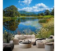 WHUOEUCO Mural Papel Pintado 3D Paisaje De Flores Silvestres A Orillas Del Río 300x210 cm Fotomural Panorámico, Para Salón Dormitorio Cocina Baño Tejido No Tejido Decoración Pared Moderno