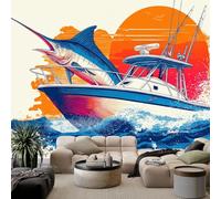 WHUOEUCO Papel Pintado 3D Océano yate pez vela 250x175 cm Fotomurales Tejido No Tejido Papel Tapiz Grande Murales Fotográfico Moderno Decoración de Paredes