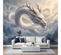 WHUOEUCO Papel pintado mural oriental dragón blanco 3D | Póster mural de pared no tejido de mago de la cumbre de la montaña, 200 x 140 cm, para sala de estar, dormitorio