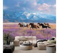 WHUOEUCO Papel Pintado Panorámico Montañas Flores Silvestres Caballos 300x210 cm Fotomurales Artes 3D Papel Tapiz Tejido No Tejido, para Salón Dormitorio Murales Decoración Pared De Tv