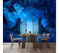 WHUOEUCO Papel Pintado Panorámico Puerta Hierro Mansión Cuento Hadas Azul 250x175 cm Fotomurales Artes 3D Papel Tapiz Tejido No Tejido, para Salón Dormitorio Murales Decoración Pared De Tv