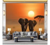 WHUOEUCO Papel Tapiz Fotográfico 3D África Puesta Sol Elefantes 250x175 cm Papel Pintado Panorámico, Murales Decoración Pared Moderna para Cuarto de Niño, Salón, Oficina
