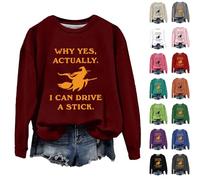 Why Yes Actually I Can Drive A Stick - Sudadera de Halloween para mujer, camisas divertidas de bruja, tallas grandes, disfraces de Halloween, camisetas de manga larga, cuello redondo, beige, L