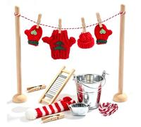 Wichtel - Tendedero en miniatura con tendedero de Navidad | Accesorios para casa de muñecas para casa de amigo invisible: tabla de lavar, lavabo de metal, cubo, pinzas de madera y ropa