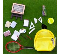 Wichtel Zubehör Weihnachten, Wichtelhaus Wichteltür Deko Wichtelzubehör Mini Wichtelbox, Miniatur Wichtel Tennisschläger mit Ball Schultasche Schreibwaren Tafel Schule Set 1/12 Dollhouse Geschenke