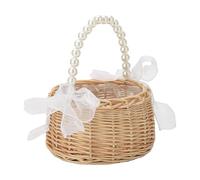 Wicker Flower Girl Basket With Pearl Handle, Small Wicket Rattan Weddings Flower Basket | Ribbon Wedding Petal Baskets Handwoven Easter Rattan Baskets Romantic Wedding Decor For Flowers Rose Petals