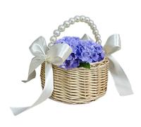Wicker Rattan Basket, Flower Girl Holder, 5,91 pulgadas Artificial Silk Petals, Cute Pearl Handle, Bowknot Accent, Elegant Wedding Prop, Perfect for Ceremony, Fiesta, Decoration, Event