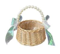 Wicker Rattan Basket, Flower Girl Holder, 5,91 pulgadas Artificial Silk Petals, Cute Pearl Handle, Bowknot Accent, Elegant Wedding Prop, Perfect for Ceremony, Fiesta, Decoration, Event