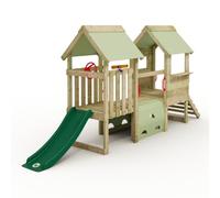 Wickey My First Playground, 2 juegos infantiles, andamio de escalada, equipo de juego de jardín para niños de madera maciza impregnada con tobogán verde y lona verde pastel