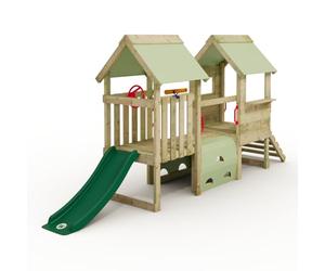 Wickey My First Playground, 2 juegos infantiles, andamio de escalada, equipo de juego de jardín para niños de madera maciza impregnada con tobogán verde y lona verde pastel