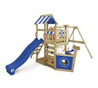 WICKEY Parque Infantil de Madera SeaFlyer con Columpio y tobogán Azul, Casa de Juegos de jardín con arenero y Escalera para niños