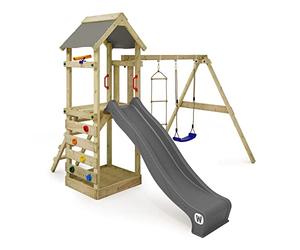 WICKEY Parque Infantil Estructura de Escalada FreeFlyer con Columpio y tobogán Antracita, Torre de Escalada Infantil de Exterior con arenero, Escalera y Accesorios de Juego para el jardín