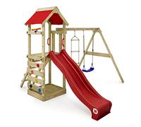 WICKEY Parque Infantil Estructura de Escalada FreeFlyer con Columpio y tobogán Rojo, Torre de Escalada Infantil de Exterior con arenero, Escalera y Accesorios de Juego para el jardín