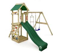 WICKEY Parque Infantil Estructura de Escalada FreeFlyer con Columpio y tobogán Verde, Torre de Escalada Infantil de Exterior con arenero, Escalera y Accesorios de Juego para el jardín