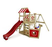 WICKEY Parque Infantil SeaFlyer con Columpio y Tobogán Rojo, Torre de Escalada para Niños al Aire Libre con Arenero, Escalera y Accesorios de Juego para el Jardín