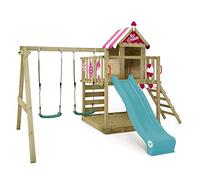 WICKEY Parque infantil Smart Candy con columpio, toldo rosa y tobogán turquesa, torre de escalada infantil de exterior con arenero, escalera y accesorios de juego para el jardín