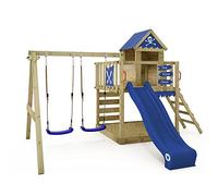 WICKEY Parque Infantil Smart Cave con Columpio y tobogán Azul, Torre de Escalada Infantil de Exterior con arenero, Escalera y Accesorios de Juego para el jardín