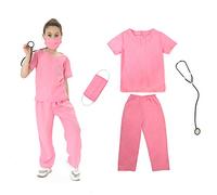 Wiclin Disfraz de Doctor Rosa Scrubs para niños y niñas, 4 piezas, camiseta de doctor, pantalones y un estetoscopio. (M 7-9 años)