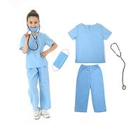 Wiclin Los médicos infantiles visten a los médicos para interpretar a los niños y niñas con 4 prendas - blusas médicas, pantalones, máscaras y estetoscopios. (M 7-9 años)