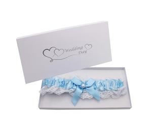 Widdle Gifts Liga de boda en caja de regalo para novia, satén azul con encaje blanco y cuentas de perlas