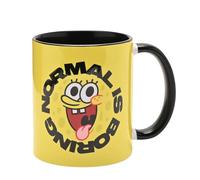 Widdop and Co Bob Esponja Sqaurepants 'Normal is Boring' Taza de cerámica, amarillo con interior negro, 325 ml, taza de café novedosa con ilustraciones de personajes