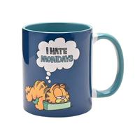 Widdop and Co Garfield - Taza de cerámica oficial "I Hate Mondays", azul marino con interior negro, 11 onzas, taza de café novedosa con ilustraciones de personajes