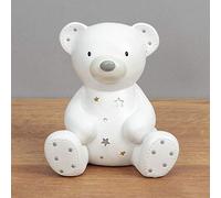 Widdop & Co. Bambino Hucha de resina blanca - Oso de peluche con estrellas doradas y plateadas - Decoración perfecta para el cuarto de bebé o regalo de bautizo