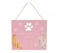Widdop & Co. - Placa colgante de gato, cita "Life Is Better with a Cat", letrero de madera rosa con corte de huellas de patas, bonito regalo de decoración del hogar para los amantes de los animales